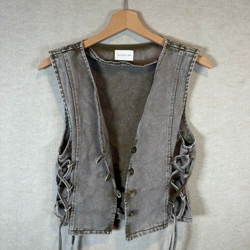 Wisteria Lane Lace Up Denim Vest Small Washed Olive Gray Boho Raw Hem